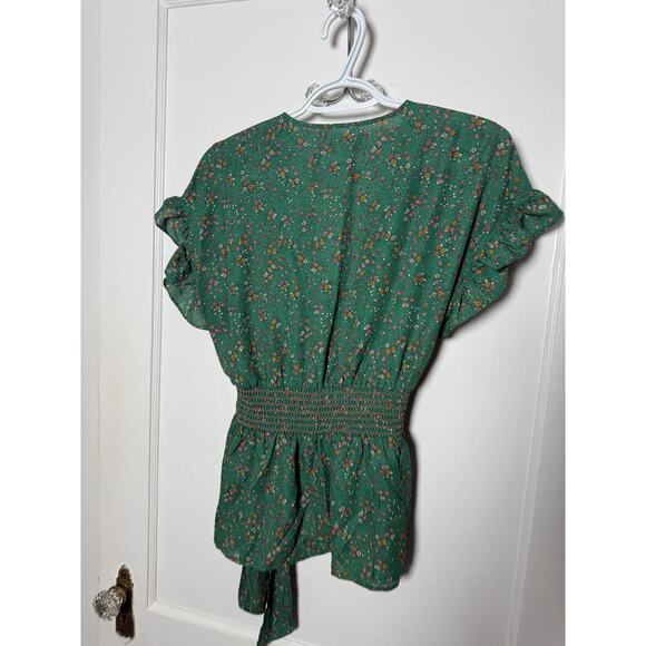 Max Studio Green Floral Ruffle Faux Wrap Short Sleeve Boho Top Blouse Medium - Picture 3 of 9
